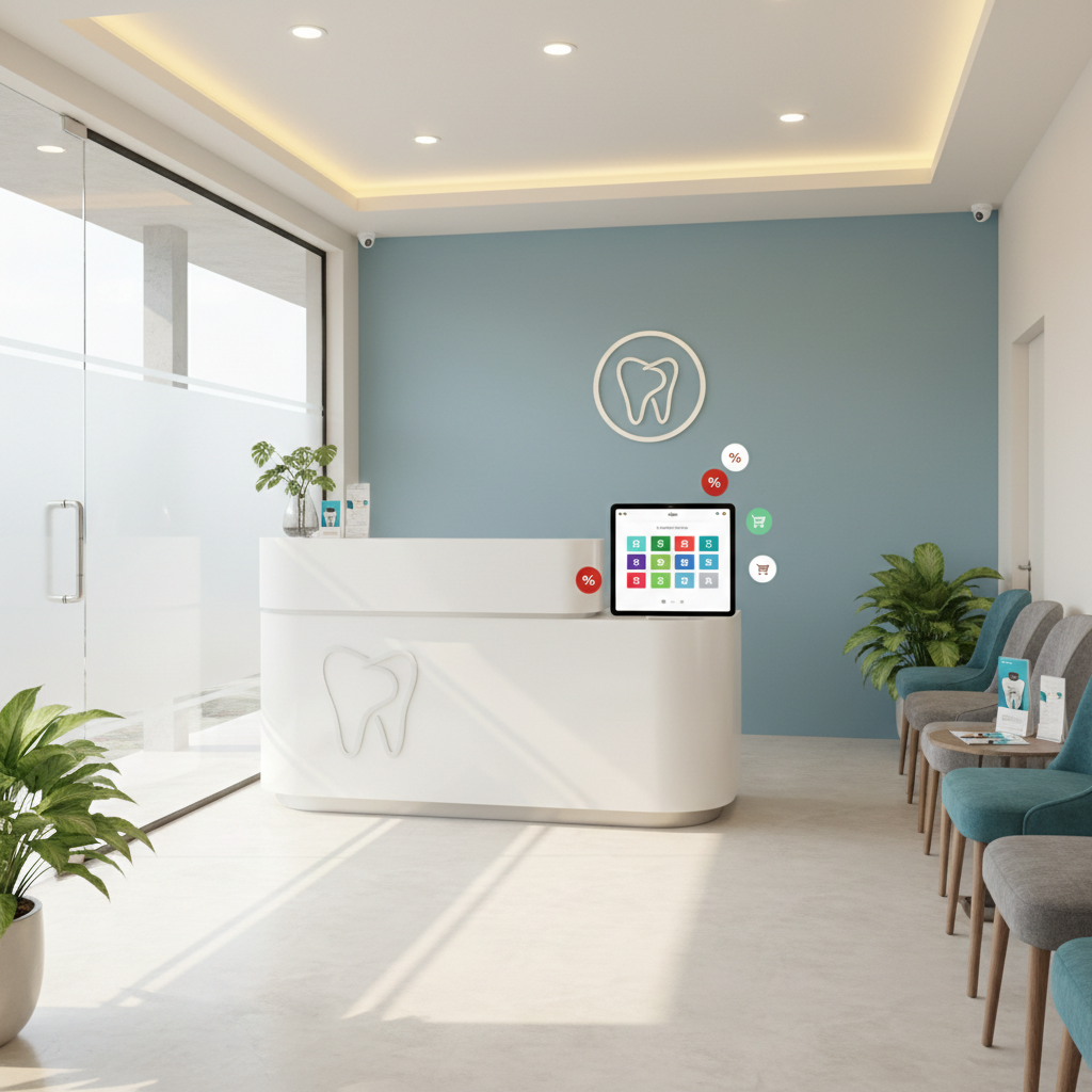 A welcoming reception area of a Pune dental clinic designed in clean, contemporary style, with a smooth white reception desk featuring a subtle engraved tooth motif instead of text. Behind the desk, a soft blue accent wall holds a minimalist logo-like symbol. A digital tablet on the counter shows simple icon-based appointment slots and discount tags, clearly suggesting online booking and transparent pricing without any readable words. Warm ceiling lights combine with natural daylight from a glass entrance, casting soft, inviting shadows. Comfortable grey and teal chairs line one side, with a small table holding neatly arranged dental brochures with abstract graphics. Photographic realism, wide-angle shot capturing the whole space, mood professional yet approachable.