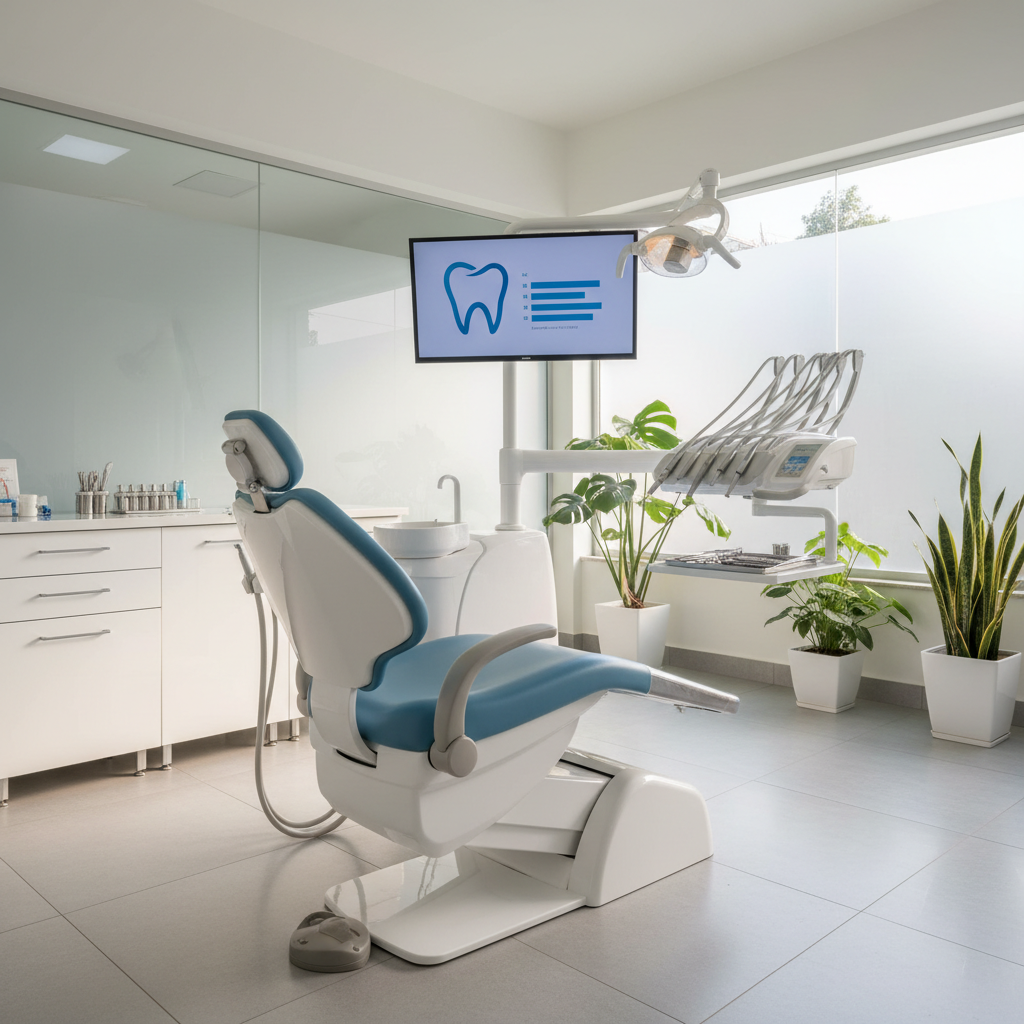 A bright, modern dental treatment room inside a local Pune clinic, featuring a sleek white dental chair with soft blue upholstery and polished metal armrests at the center. Surrounding cabinetry is glossy white with subtle silver handles, and a digital screen displays a clean abstract tooth icon and simple pricing chart without text. Large frosted glass windows let in diffused afternoon sunlight, creating gentle highlights on the chair and stainless steel instruments neatly arranged on a tray. The space feels calm, spotless, and professional, with potted green plants in the background. Photographic realism, eye-level composition with sharp focus throughout, conveying trust, transparency, and high-quality care in a multi-specialty dental environment.