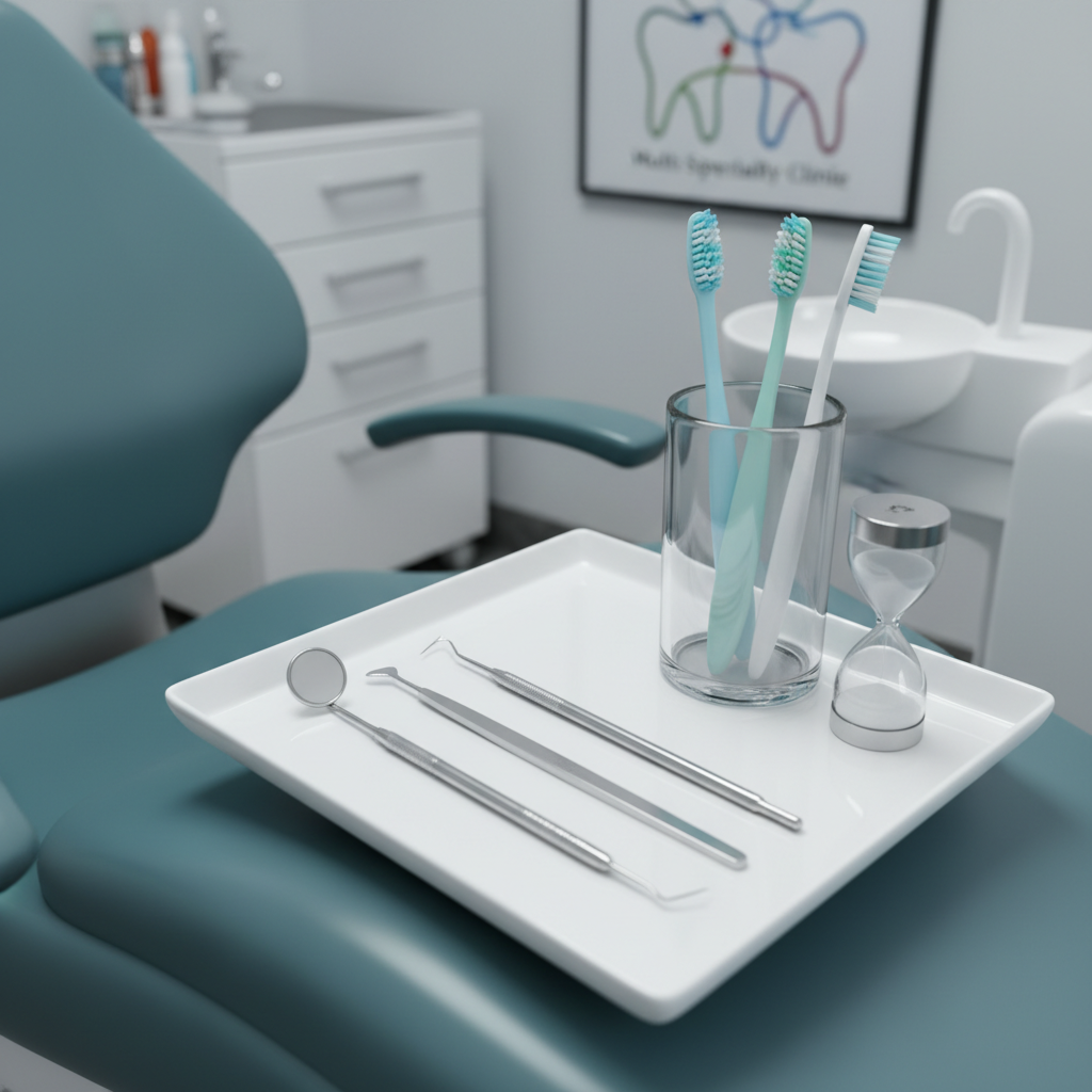 An immaculate close-up of a dental hygiene setup in a Pune multi-specialty clinic, emphasizing routine care services. On a pristine white tray lies a neatly arranged set of stainless steel tools—mirror, scaler, explorer—beside a clear glass holder with soft-bristled toothbrushes in blue and green, and a small sand-timer symbolizing thorough cleanings. The tray rests on the arm of a contemporary dental chair upholstered in soothing teal. Background elements like blurred cabinets and an abstract tooth poster suggest a full-service clinic. Cool, even overhead lighting creates crisp reflections on metal surfaces while maintaining a calm, clinical mood. Photographic realism, shot from a slightly elevated angle with shallow depth of field, conveying meticulous care and everyday dental wellness.