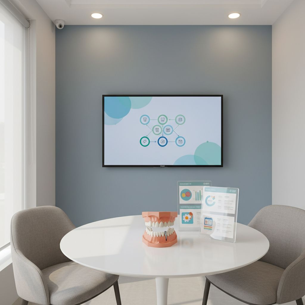 A serene private consultation corner within a Pune dental and implant center, designed to suggest financial clarity and treatment planning. A sleek white round table holds a realistic 3D jaw model with removable teeth and a visible implant, alongside a stack of transparent acrylic sheets with colored charts and simple icons instead of text, symbolizing clear, itemized pricing. A large wall-mounted screen behind the table shows an abstract, easy-to-understand treatment plan diagram. Soft, warm overhead lighting and daylight from a side window blend to create a welcoming yet professional glow. Neutral grey chairs and a subtle blue accent wall complete the space. Photographic realism, eye-level composition, mood confident, open, and reassuring for patients considering advanced dental work.