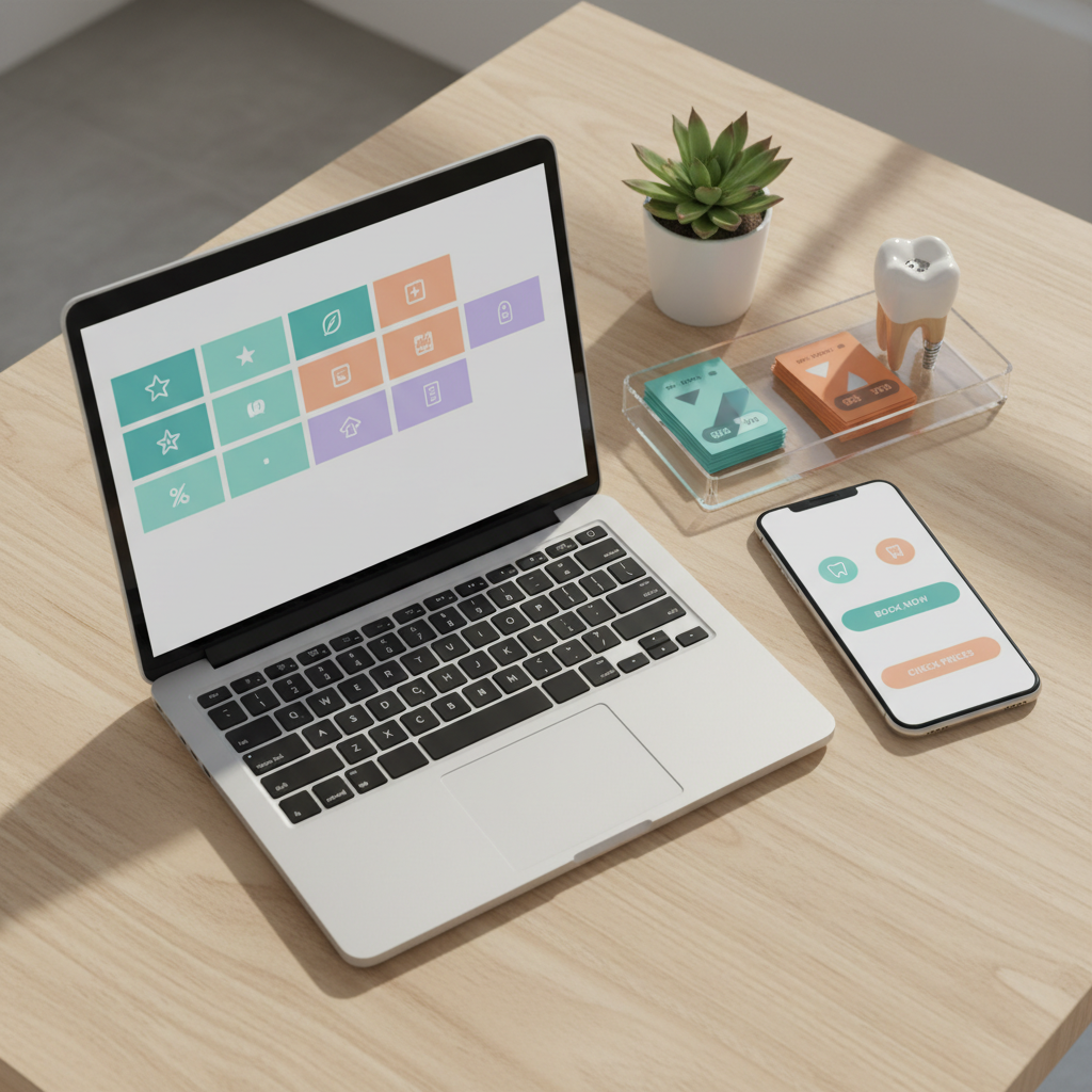 A top-down photographic view of a minimalist dentist’s desk in a Pune clinic, symbolizing transparent pricing and easy online appointment booking. On the light wood surface sits an open laptop showing a clean appointment calendar interface with colored blocks and discount icons instead of words, alongside a smartphone displaying a simplified booking app screen. Nearby, a clear acrylic tray contains neatly stacked, color-coded treatment cards representing various dental services and prices without readable text. A small potted succulent and a model of a tooth with an implant add visual interest. Soft natural light from an unseen window bathes the scene, creating gentle shadows and a calm, organized mood. Photographic realism, sharp focus, composition carefully arranged to feel modern, efficient, and trustworthy.