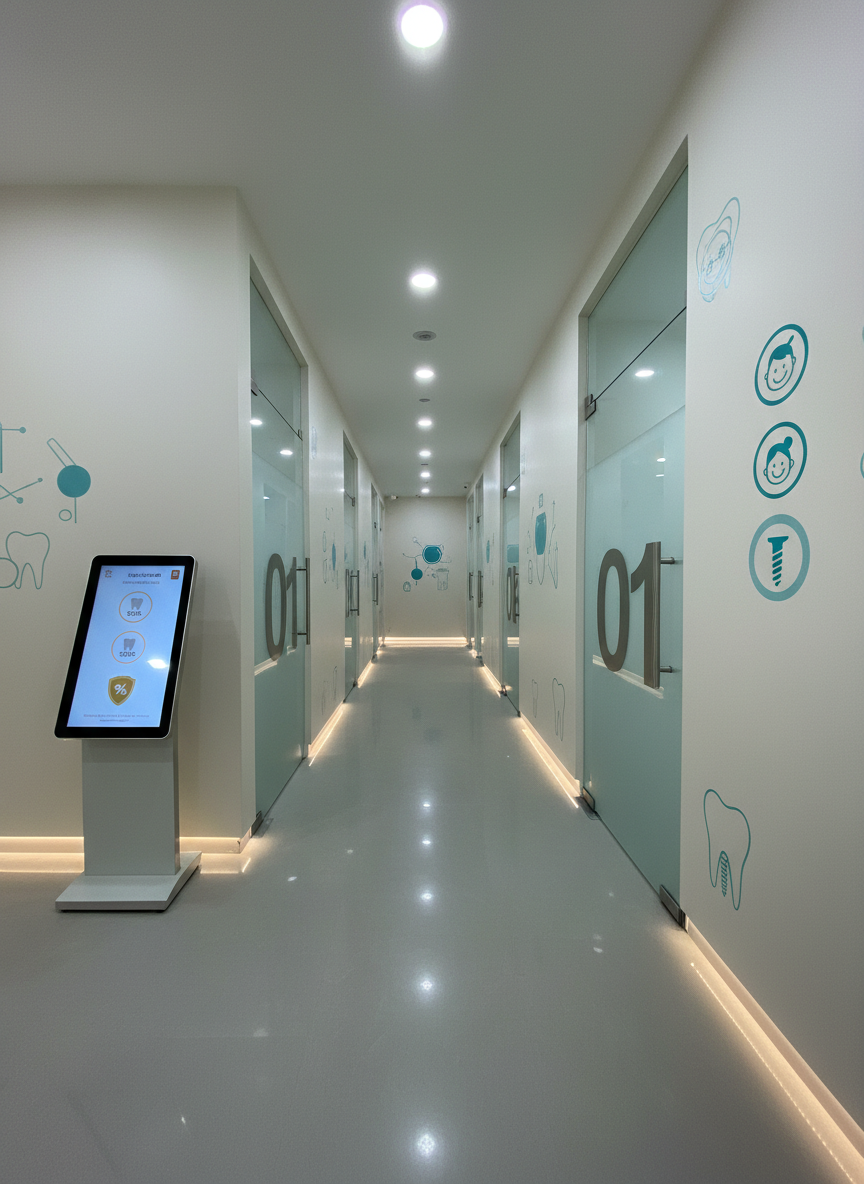 A panoramic view of a multi-specialty treatment corridor in a Pune dental clinic, with several numbered frosted glass doors leading to different specialized rooms such as orthodontics, pediatric care, and implants, indicated by clear icons instead of words. The corridor floor is polished light grey, reflecting the soft ceiling lights and strip lighting along the baseboards. Subtle wall graphics show stylized teeth, braces, and implants in a calm blue and teal palette. At one side, a digital kiosk screen displays simple icon-based pricing tiers and discount badges, suggesting transparency without any text. Photographic realism, shot from a slightly low, wide-angle perspective emphasizing depth and order, atmosphere professional, organized, and reassuring.