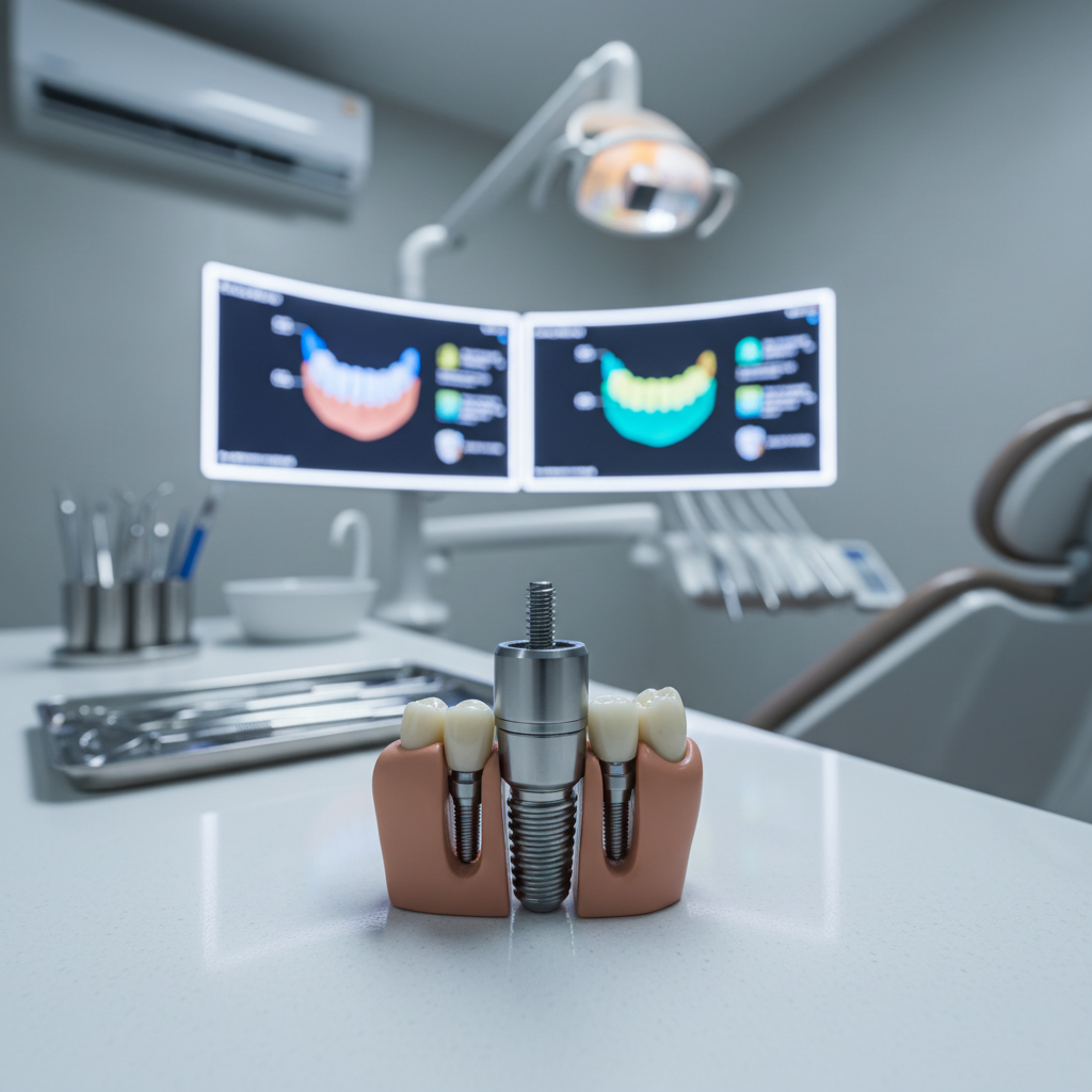 Dental implant model showing titanium implant and crown