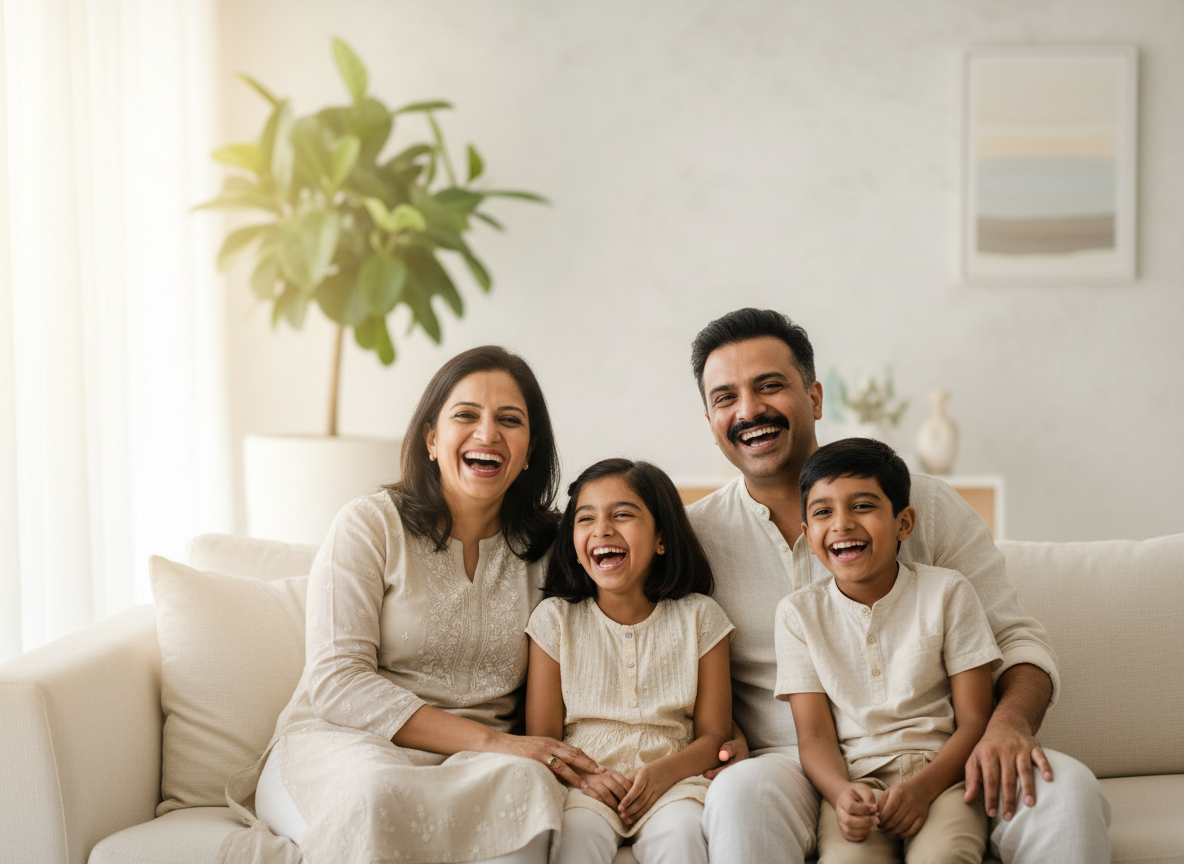 A warm, joyful Indian family smiling together — showcasing healthy, bright smiles at Aster Dental Clinic, Viman Nagar, Pune.