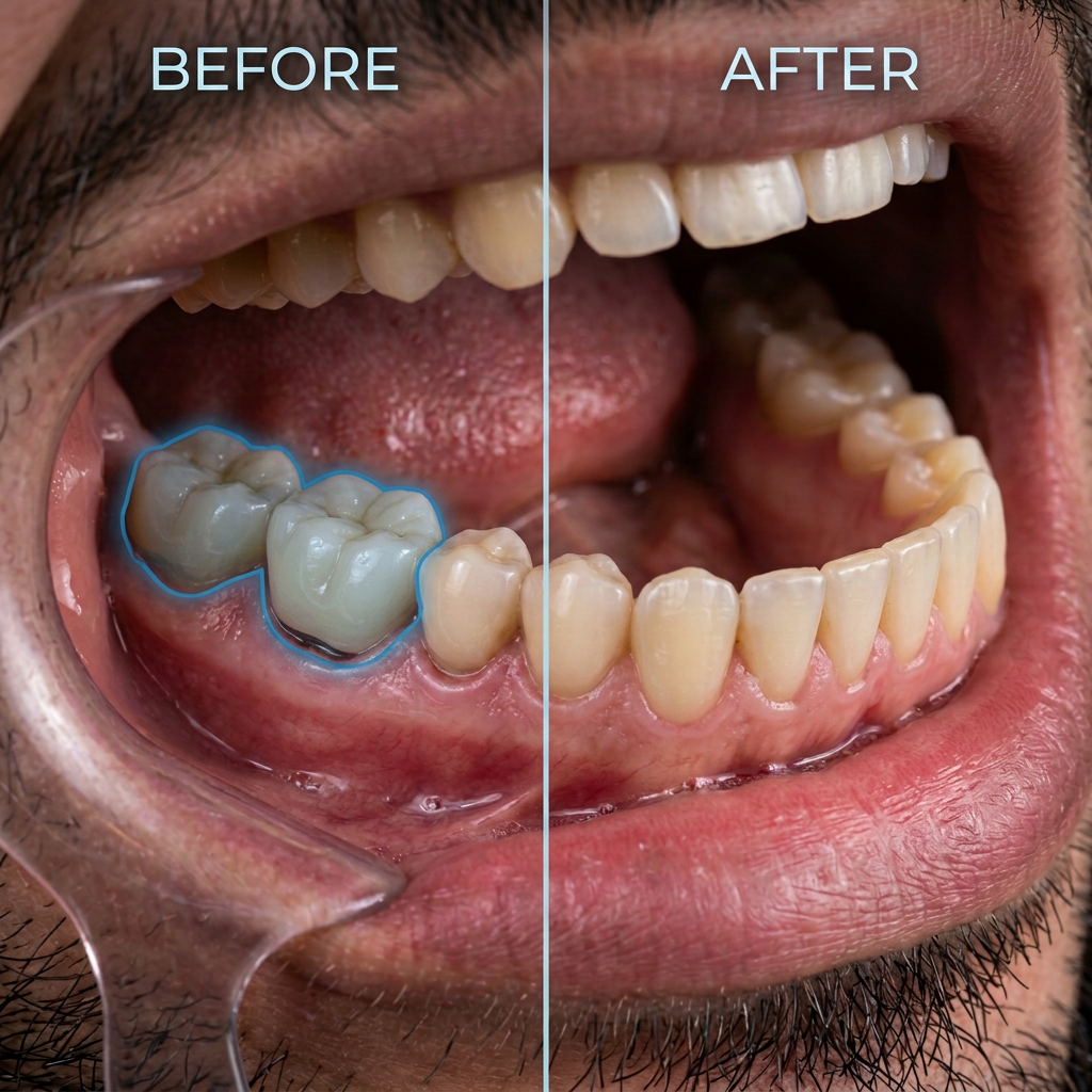 Close view of lower teeth and gums with cheek retractor