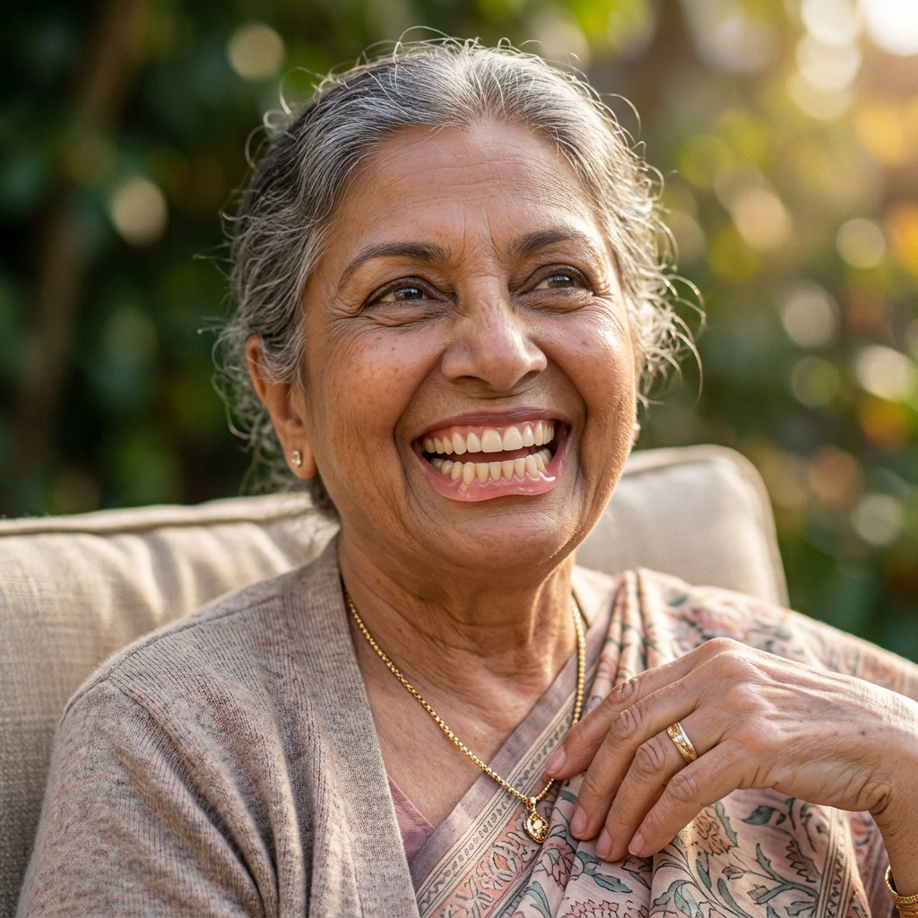 Elderly woman with curly gray hair smiling warmly outdoors